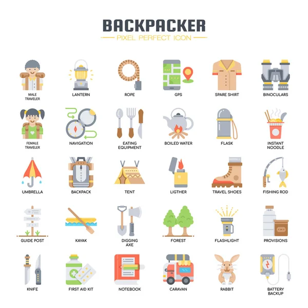 Elementos de mochilero, línea delgada y píxeles iconos perfectos — Vector de stock