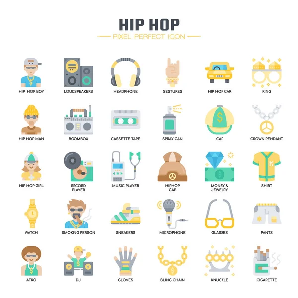 Hip Hop元素、细线和Pixel完美图标 — 图库矢量图片