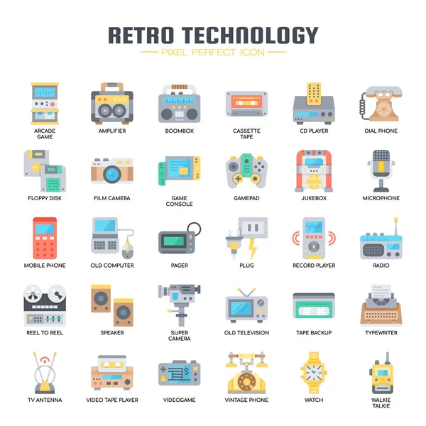 Retro Technologia, cienka linia i ikony Pixel Perfect — Wektor stockowy