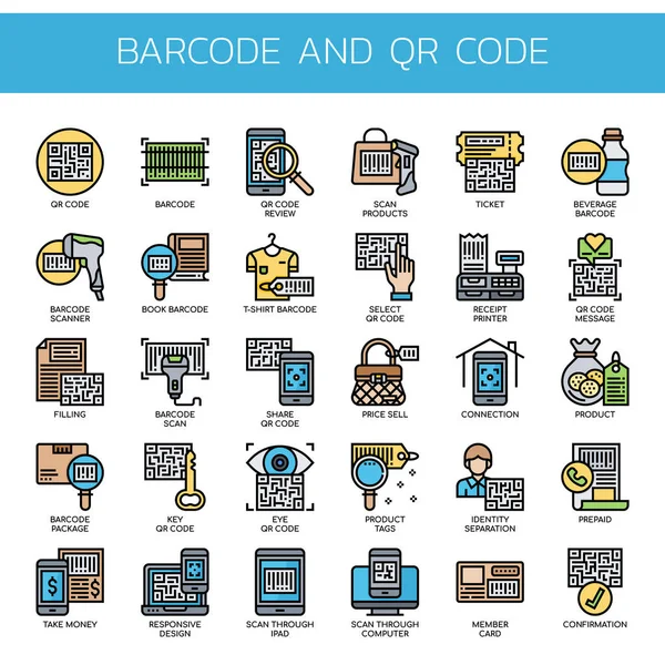 Código de barras y código QR, línea delgada y píxeles iconos perfectos — Archivo Imágenes Vectoriales