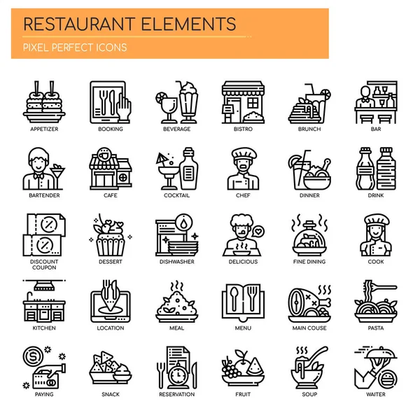 Elementos del restaurante, línea delgada y píxeles iconos perfectos — Vector de stock