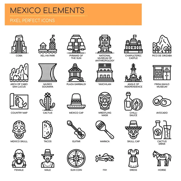 Elementos de México, Línea Delgada y Pixeles Iconos Perfectos — Archivo Imágenes Vectoriales