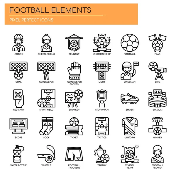 Futbol Elementleri, İnce Çizgi ve Piksel Mükemmel Simgeler — Stok Vektör