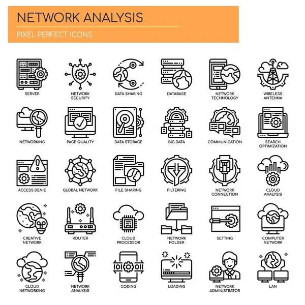 네트워크 분석, 주석 라인 및 픽셀 완벽 한 아이콘 — 스톡 벡터