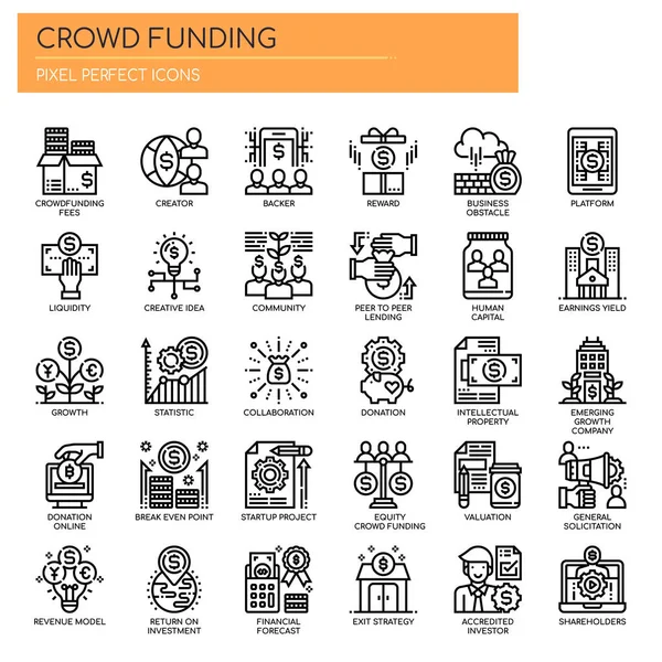 Crowdfunding, Thin Line y Pixel Perfect Icons — Archivo Imágenes Vectoriales