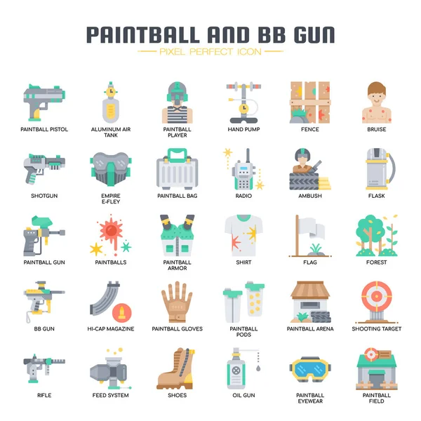 Paintball en BB pistool, dunne lijn en Pixel perfecte iconen — Stockvector