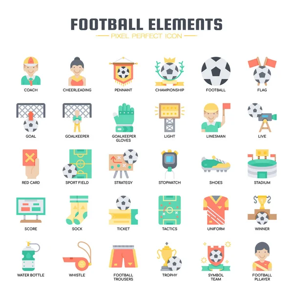 Futbol Elementleri, İnce Çizgi ve Piksel Mükemmel Simgeler — Stok Vektör