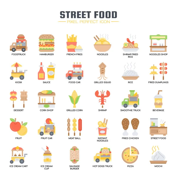 Caminhão de comida e comida de rua, linha fina e ícones perfeitos Pixel —  Vetores de Stock