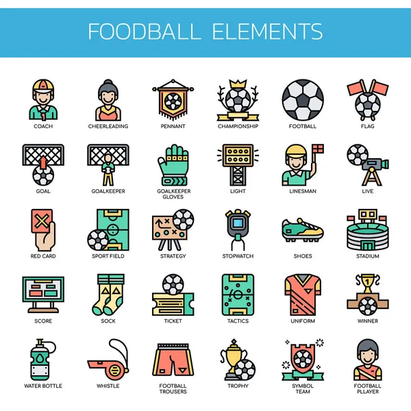 Elementos de futebol, linha fina e ícones perfeitos Pixel —  Vetores de Stock