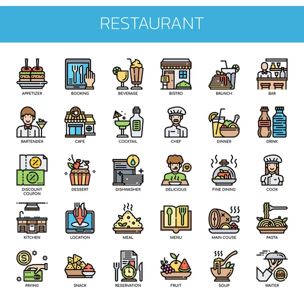 Elementos del restaurante, línea delgada y píxeles iconos perfectos — Vector de stock