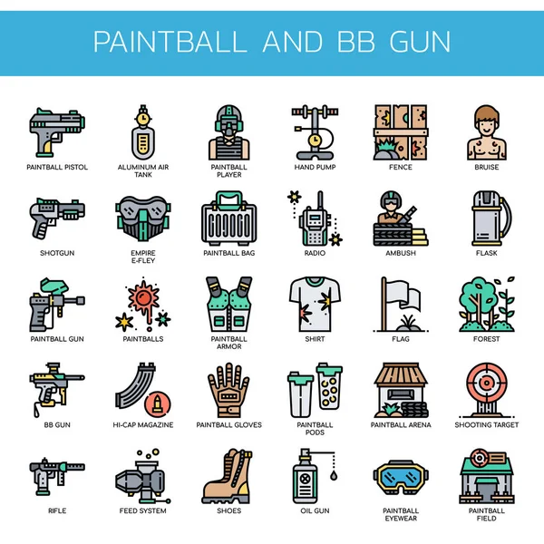 Paintball en BB pistool, dunne lijn en Pixel perfecte iconen — Stockvector