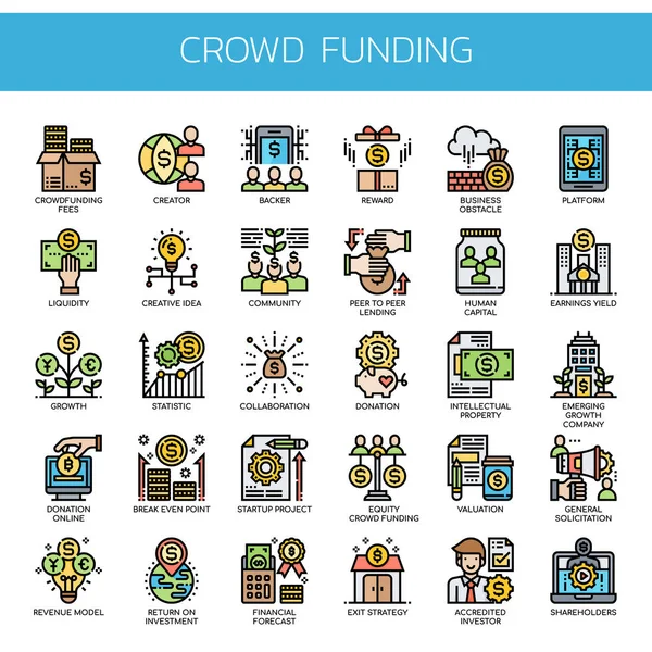 Crowdfunding, Thin Line y Pixel Perfect Icons — Archivo Imágenes Vectoriales