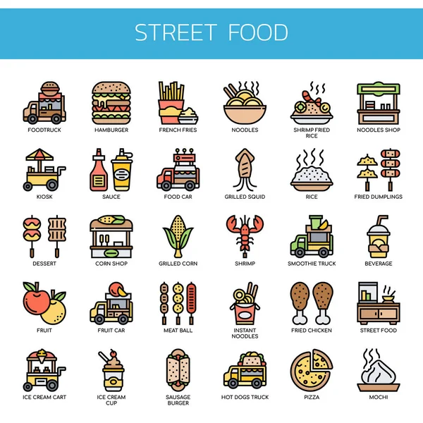 Caminhão de comida e comida de rua, linha fina e ícones perfeitos Pixel —  Vetores de Stock