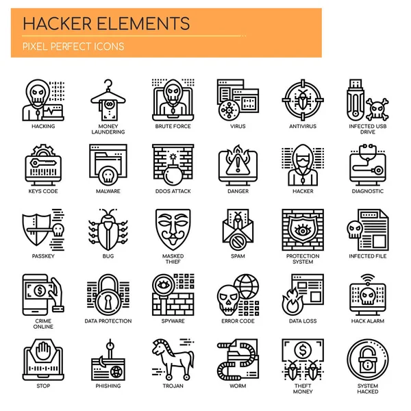 Elementos Hacker, linha fina e ícones perfeitos Pixel — Vetor de Stock