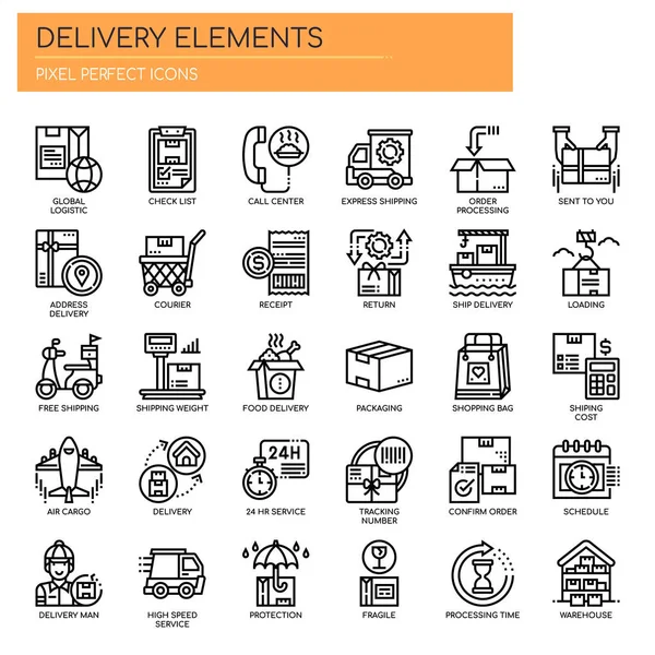 Elementos de entrega, línea delgada y píxeles iconos perfectos — Vector de stock