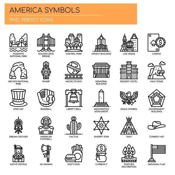 Amerika Sembolleri, İnce Çizgi ve Piksel Mükemmel Simgeler — Stok Vektör