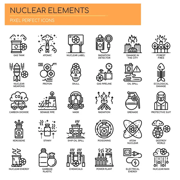 原子力要素、細い線とピクセル完璧なアイコン — ストックベクタ