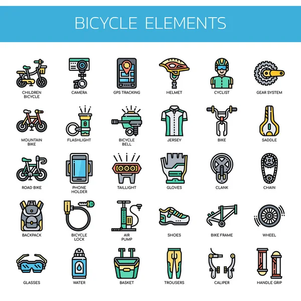 Elementos de bicicleta, línea delgada y píxeles iconos perfectos Vectores De Stock Sin Royalties Gratis