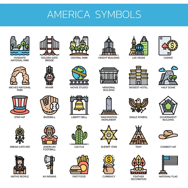 America Simboli, linea sottile e pixel icone perfette — Vettoriale Stock