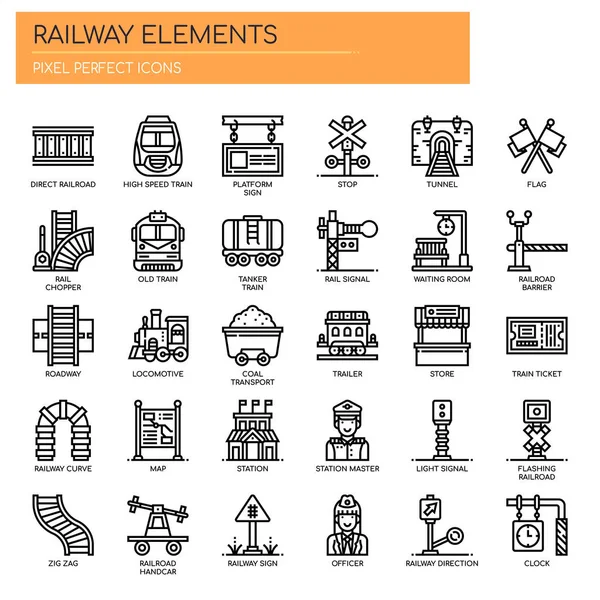 Vasúti elemek, vékony vonal és pixel tökéletes ikonok — Stock Vector