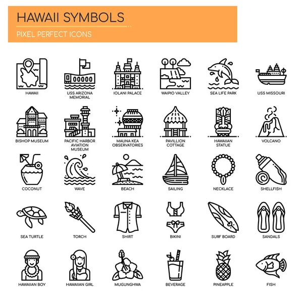 Hawaii szimbólumok, vékony vonal és pixel tökéletes ikonok — Stock Vector