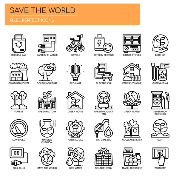 Salvar el mundo, línea delgada y píxeles iconos perfectos — Vector de stock