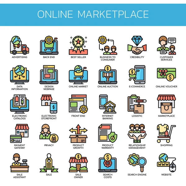 Marketplace on-line, linha fina e ícones perfeitos Pixel —  Vetores de Stock
