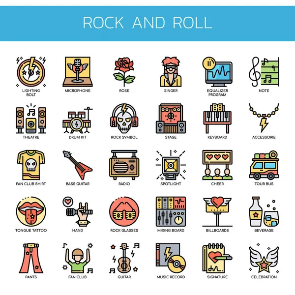 Rock and Roll, dunne lijn en Pixel perfecte pictogrammen — Stockvector