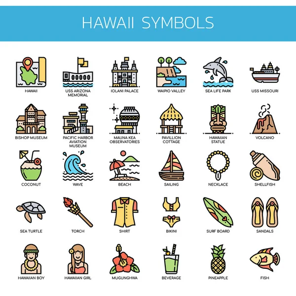 Símbolos do Havaí, linha fina e ícones perfeitos de pixel —  Vetores de Stock