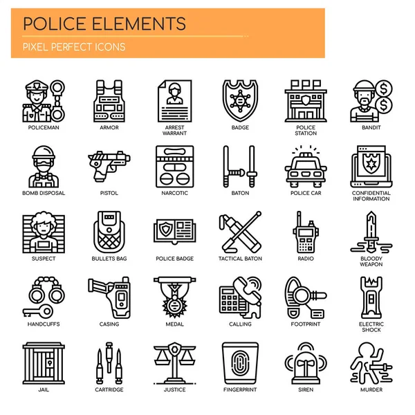 Elementi di polizia, linea sottile e icone perfette pixel — Vettoriale Stock