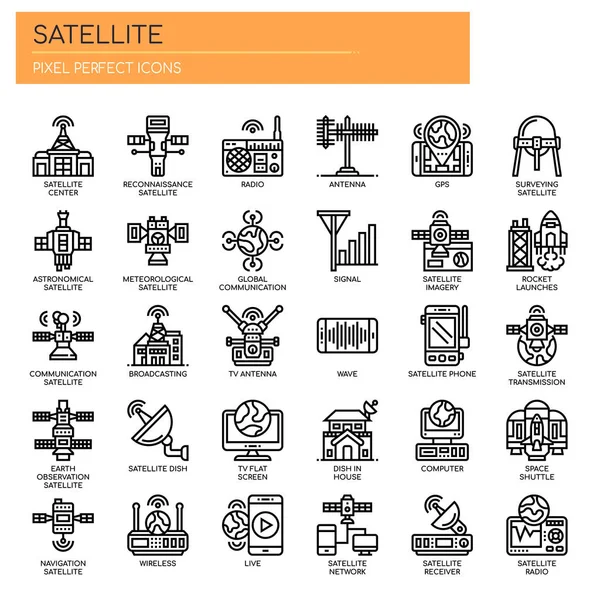 Elementos de satélite, linha fina e ícones perfeitos Pixel — Vetor de Stock