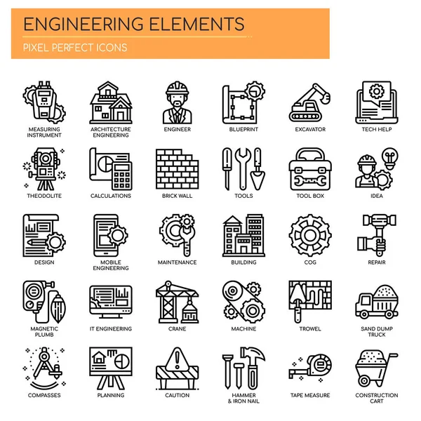 Elementos de ingeniería, línea delgada y píxeles iconos perfectos — Vector de stock