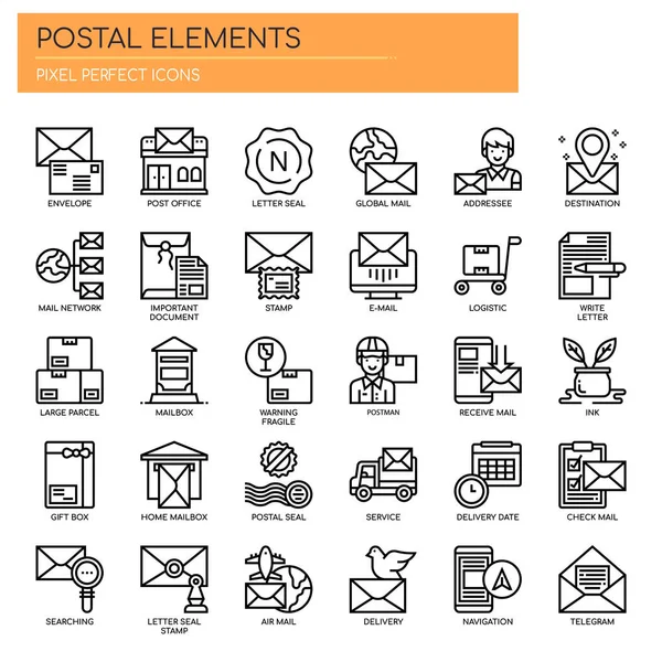 Elementos postais, linha fina e ícones perfeitos Pixel —  Vetores de Stock