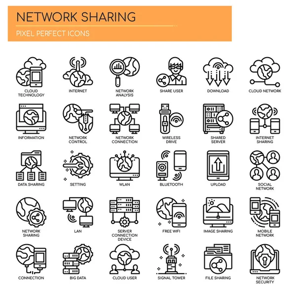 Partage réseau, ligne mince et icônes Pixel Perfect — Image vectorielle