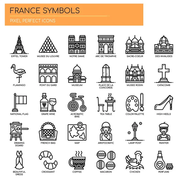 Símbolos de Francia, línea delgada y píxeles iconos perfectos — Vector de stock