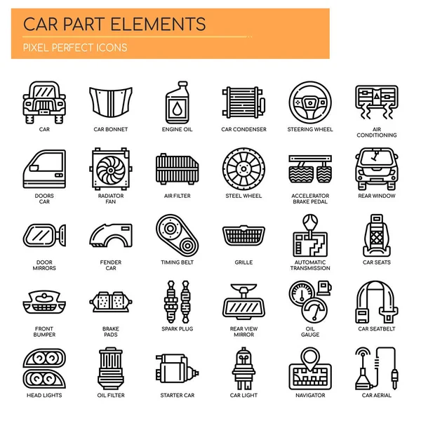 Pièces de voiture, ligne mince et icônes Pixel Perfect — Image vectorielle