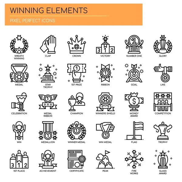 Elementos vencedores, linha fina e ícones perfeitos de pixel — Vetor de Stock