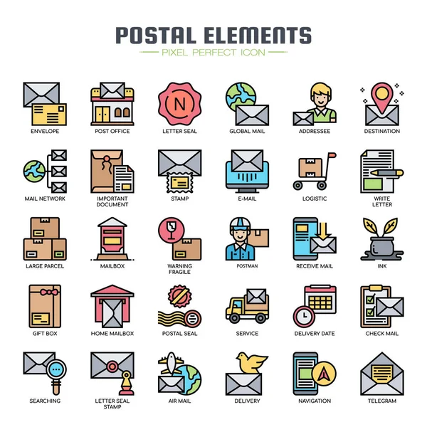 Elementos postales, línea delgada y píxeles iconos perfectos — Vector de stock