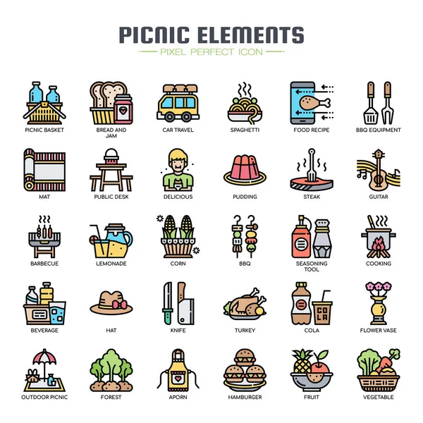 Picknick-Elemente, dünne Linie und perfekte Pixel-Symbole — Stockvektor