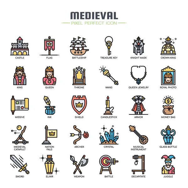 Medieval Elements, Thin Line and Pixel Perfect Icons — стоковый вектор