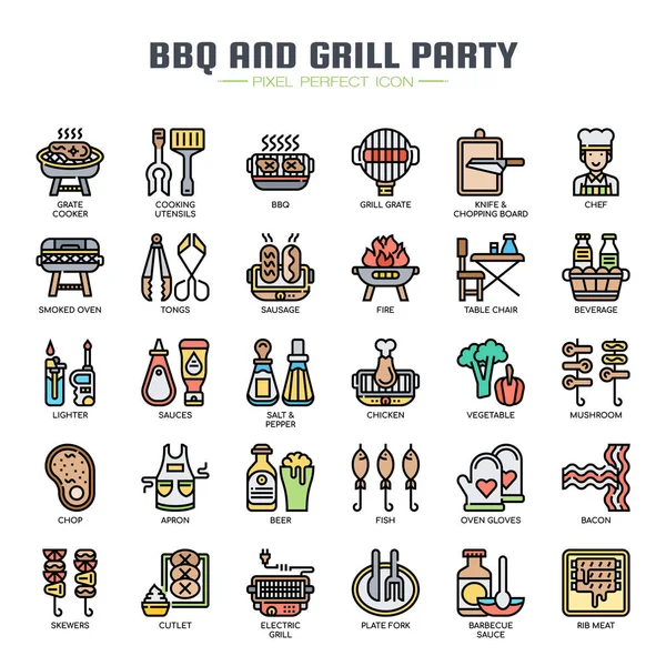 BBQ e Grill Party, linea sottile e icone perfette pixel — Vettoriale Stock