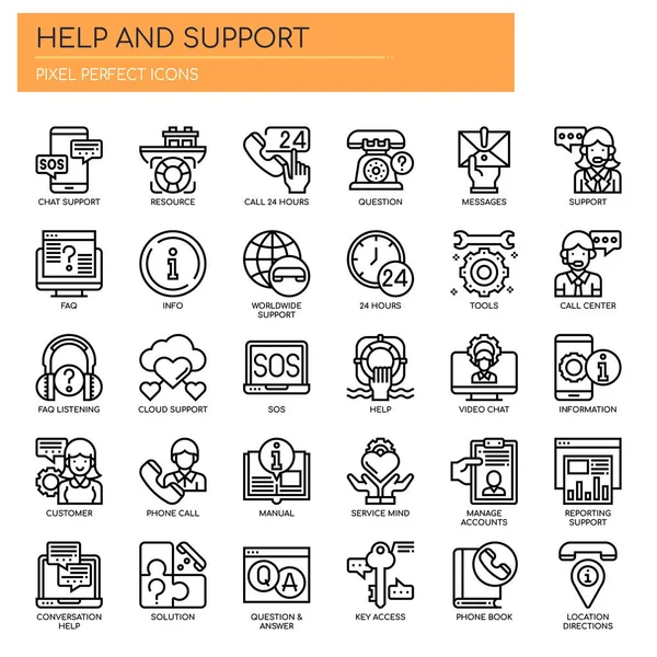 Aiuto e supporto, linea sottile e icone perfette pixel Vettoriali Stock Royalty Free