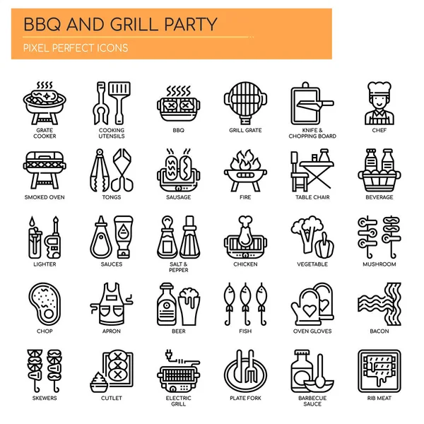 BBQ e Grill Party, linea sottile e icone perfette pixel Grafiche Vettoriali