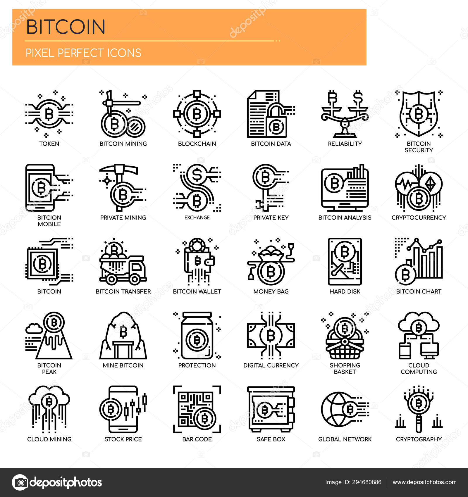 비트코인 요소, 주석 라인, 픽셀 완벽 한 아이콘 스톡 벡터 - ©ratch0013 294680886