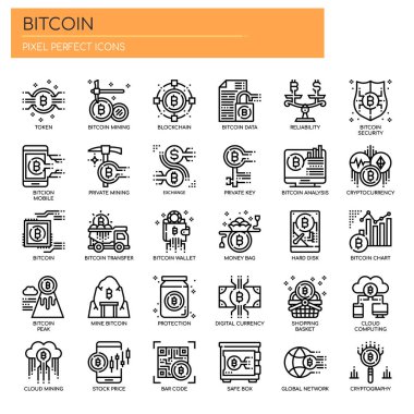 Bitcoin Elementleri, İnce Çizgi ve Piksel Mükemmel Simgeler