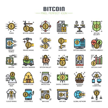 Bitcoin Elementleri, İnce Çizgi ve Piksel Mükemmel Simgeler