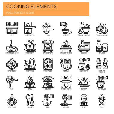 Yemek Elementleri, İnce Çizgi ve Piksel Mükemmel Simgeler