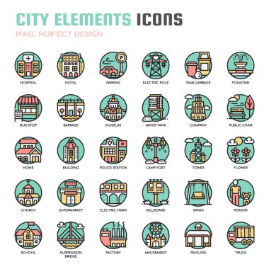Şehir Öğeleri , İnce Çizgi ve Piksel Mükemmel Simgeler