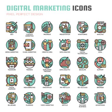 Dijital pazarlama, ince çizgi ve piksel mükemmel simgeler