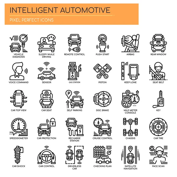 Inteligentní automobilový průmysl, tenká linka a pixelové dokonalé ikony — Stockový vektor